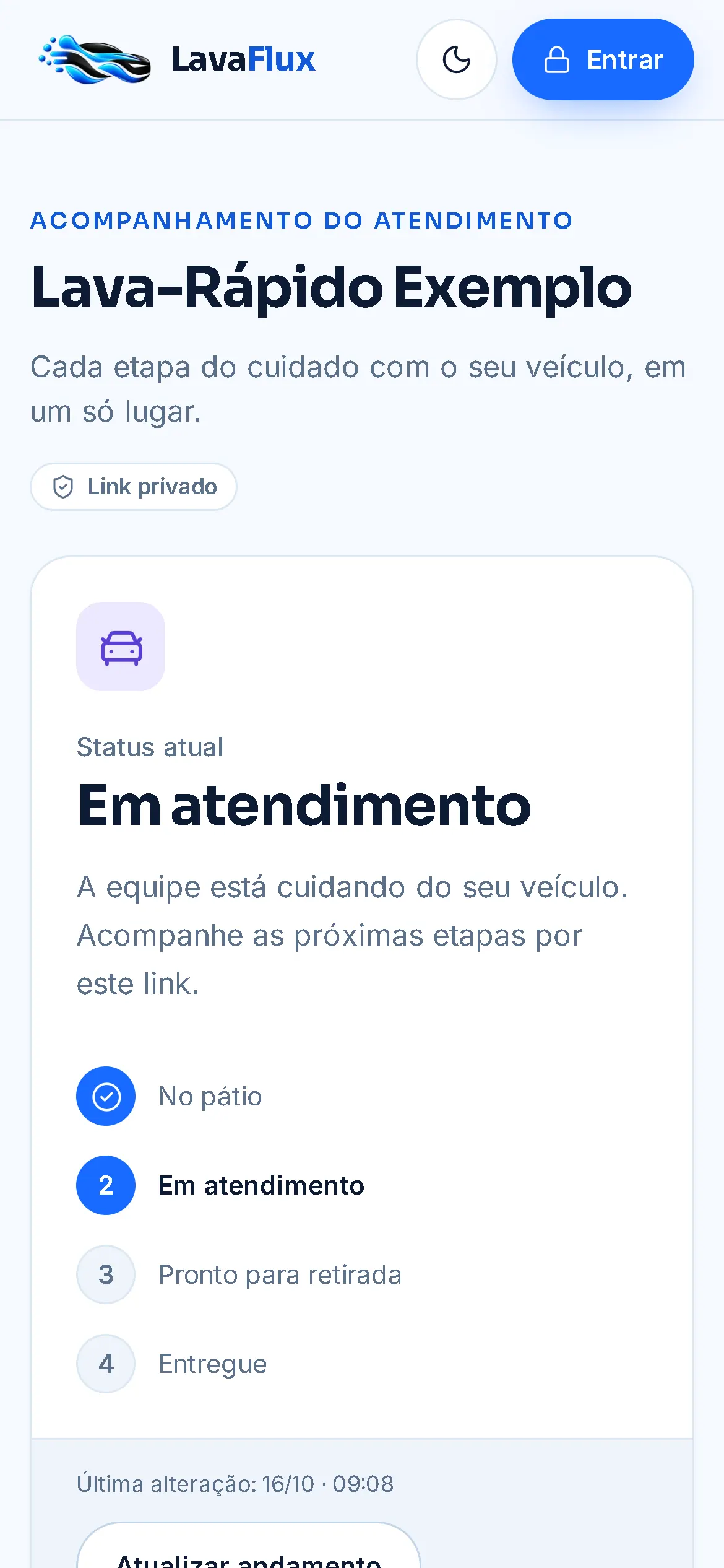 Página de acompanhamento no celular mostrando o atendimento em andamento e as próximas etapas