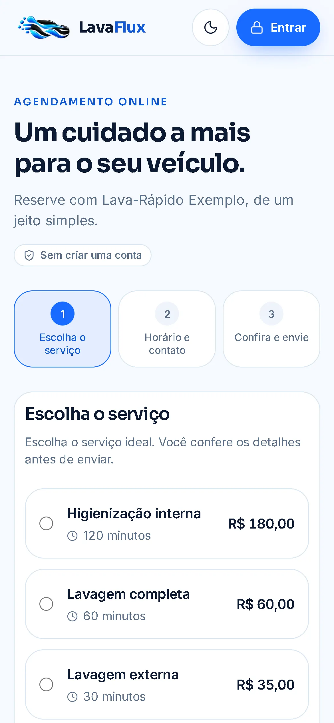 Página de agendamento online no celular: o cliente escolhe o serviço, com duração e valor