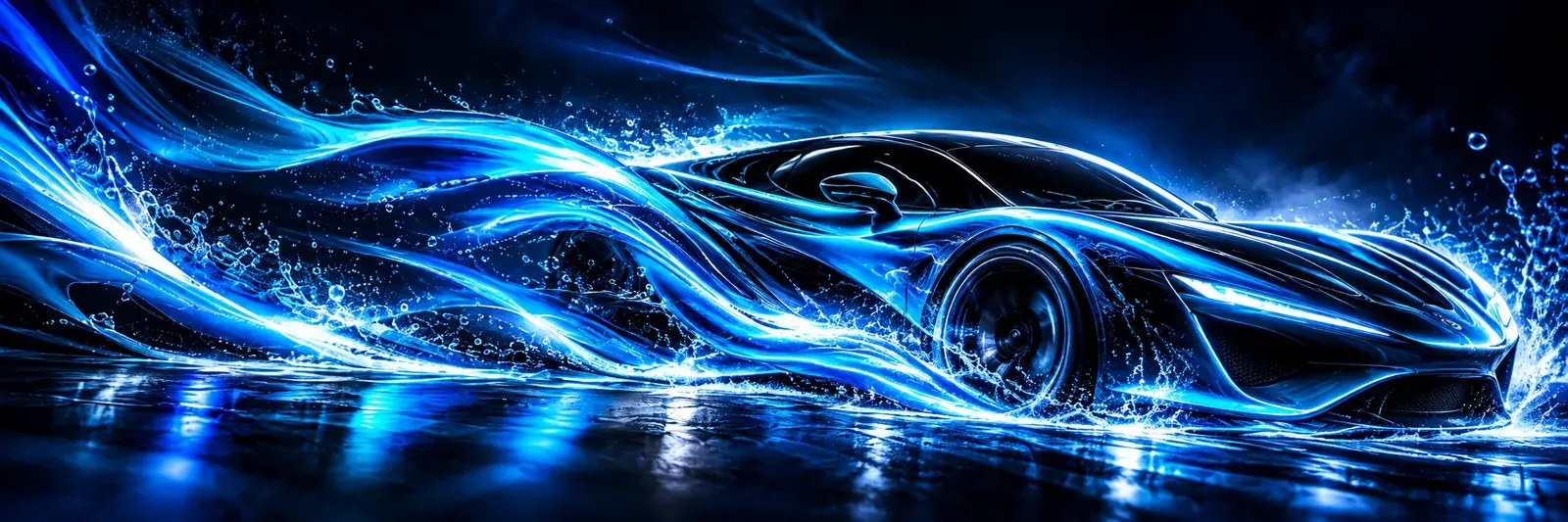 Carro esportivo escuro envolto por jatos de água azul iluminados sobre piso molhado